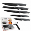 Alpina - 6-Delige luxe messenset - Santoku-mes, broodmes, vleesmes, universeel mes, schilmes en dunschiller - rvs - antikleeflaag - zwart Alpina - 6-Delige luxe messenset - Santoku-mes, broodmes, vleesmes, universeel mes, schilmes en dunschiller - rvs - antikleeflaag - zwart